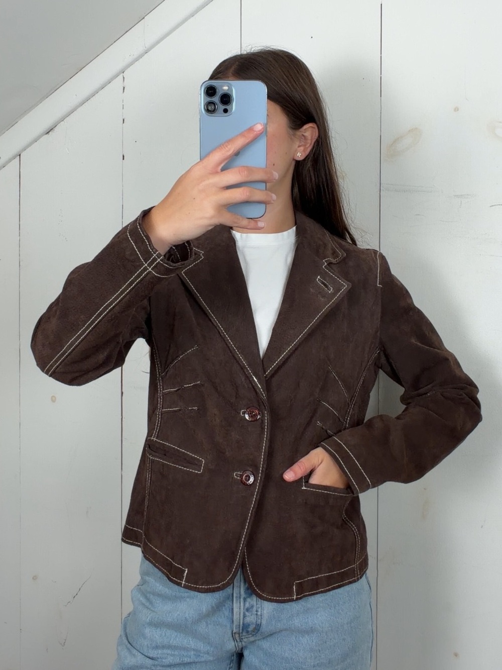Vintage Wilsons Brown Suede Leather Blazer Jacket Women’s M Contrast Stitch Y2K